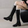 Versatile Leather Large Size Knight Boots Solid Color Back Zipper Middle Heel Round Head Square and Autumn and Winter Square and Women's High Boots