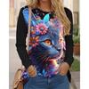 Women's T Shirt Tee Cat Print Daily Weekend Fashion Funny Long Sleeve Round Neck Blue Spring & Fall