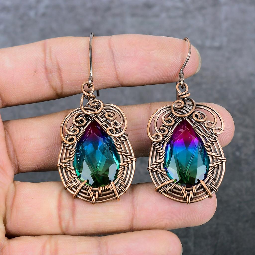 Двухцветный турмалин ручной работы, украшение-серьга с оплеткой из медной проволоки, 2,64 дюйма D3V77