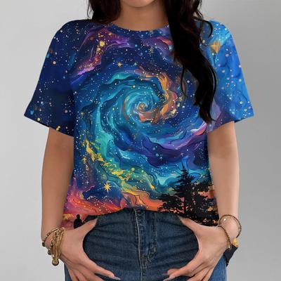 Летний топ с круглым вырезом и 3D-принтом галактики, модная повседневная женская футболка с коротким рукавом