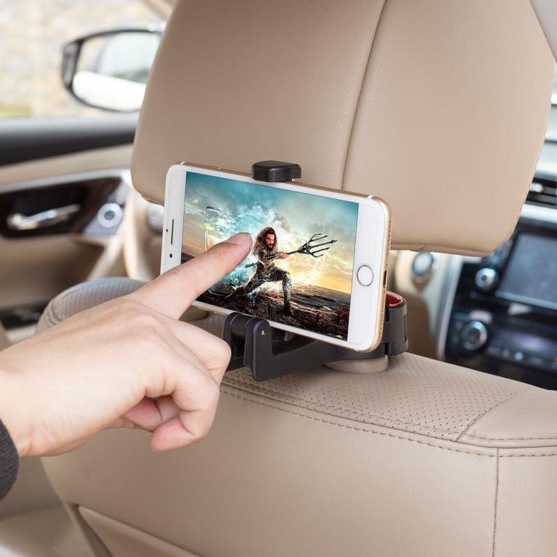 2 in 1 Car Headrest Hook with Phone Holder Seat Back Hanger for Cloth Foldble Clip Bag Handbag Purse Grocerys Organizer