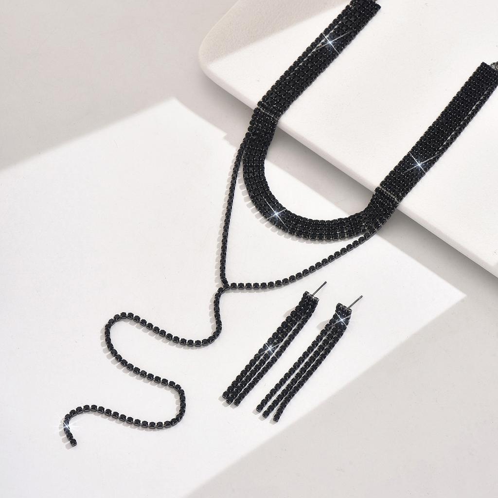 Full Diamond Multi-Layer Neck Chain Simple Long Fringed Necklace Earrings Collarbone Chain