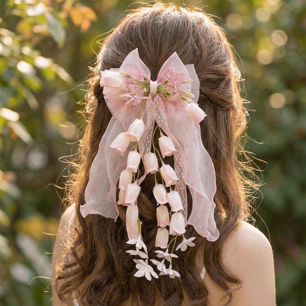 Sequin Tulle Bow Hair Clips Sweet Lolita Dress Hair Accessories Bell Orchid Ribbon Barrettes  Prom
