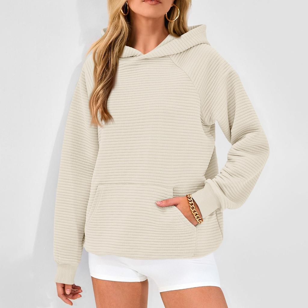 Свитшоты с длинным рукавом для женщин, свободные повседневные однотонные туники с капюшоном, модные текстурные пуловеры, топы на осень с карманом