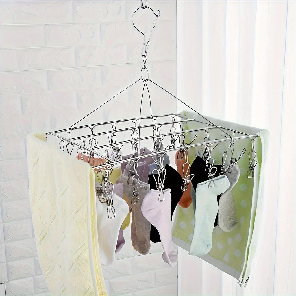 1pc Sock Drying Rack With 30 Hooks Stainless Steel Rotatable Hanger Windproof Drip Hanger Foldable Sock Hanger