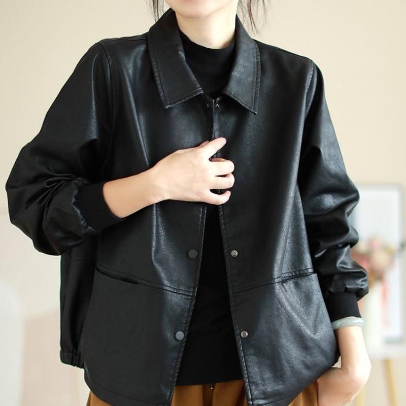 Модная женская куртка из искусственной кожи - Повседневный свободный крой для весны и осени 2025