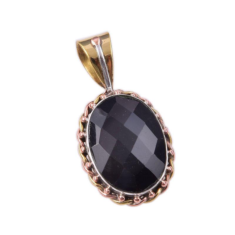 Natural Black Onyx Gemstone 925 Solid Sterling Silver TwoTone Pendant 1.50" P9j18