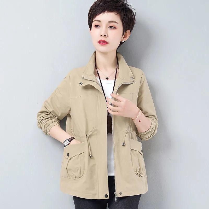 Двухслойная женская ветровка больших размеров на весну-осень в Корейском стиле с подкладкой на шнурке и воротником-стойкой на талии