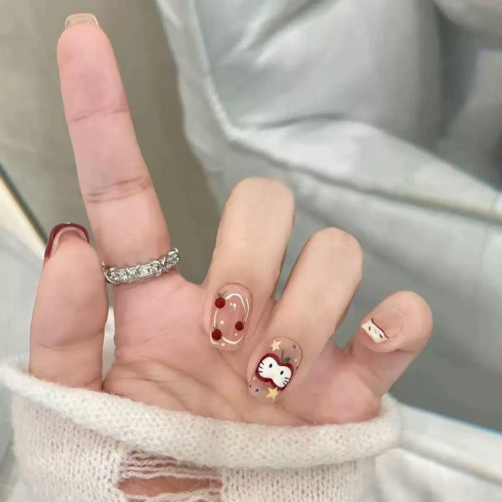 Очаровательные накладные ногти 'Яблочная Киска' - Усиливающие белизну, Ручная работа, Съемные короткие типсы