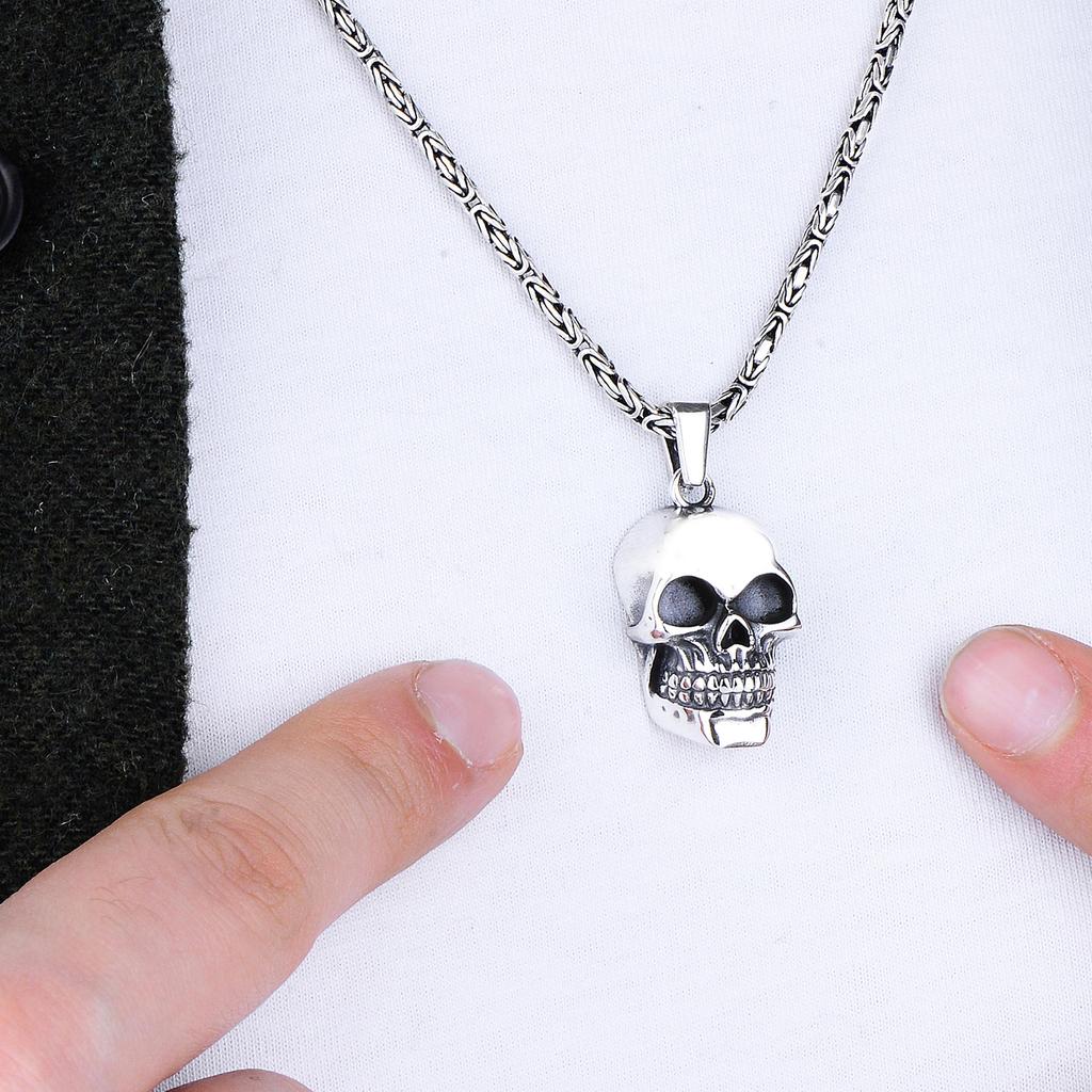 925K Skull Pendant Necklace for Men,  Heavy Byzantine Chain,  Biker Jewelry, Unique Artisan Men's Jewelry,  Gift Idea for Men