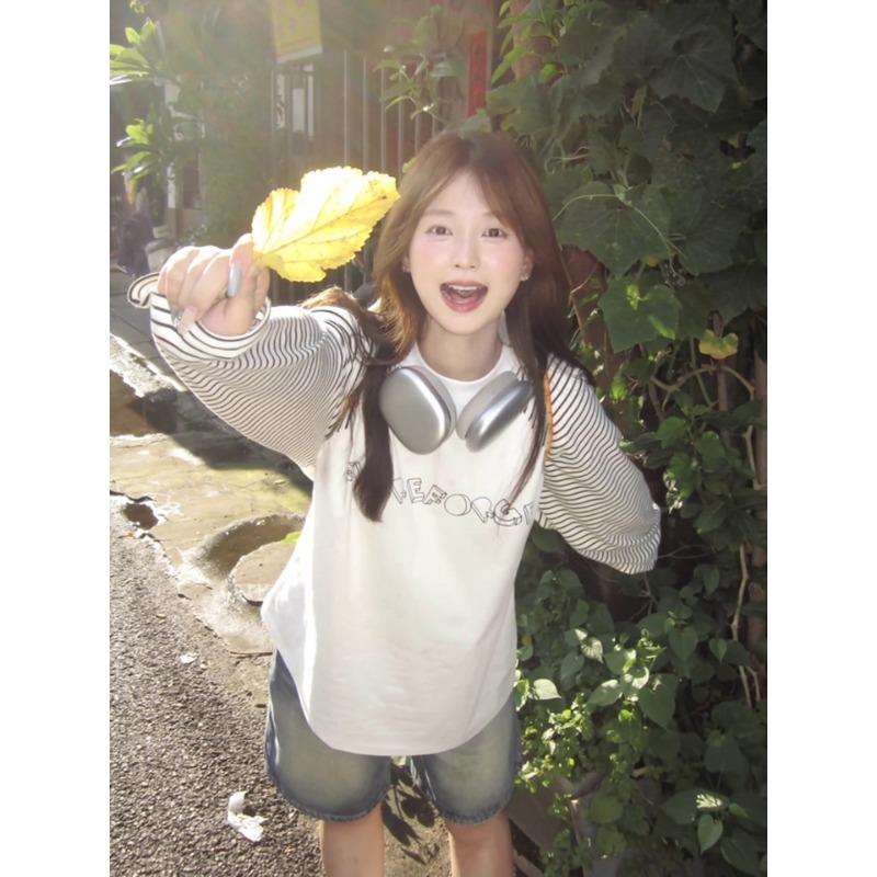 Женская футболка в полоску с принтом букв, с круглым вырезом, минималистичный пуловер с длинными рукавами, новая корейская свободная осенняя женская футболка