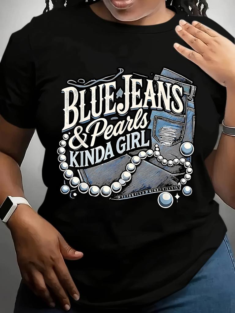 Женские футболки больших размеров 'Джинсы и жемчуг', модные футболки, топы, рубашки с круглым вырезом для повседневной носки, одежда y2k