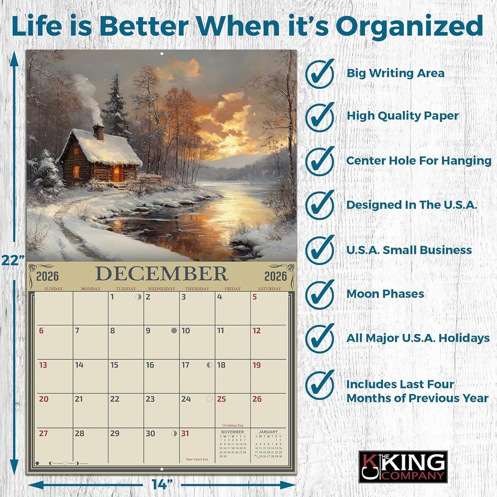 2026 Cabin in the Woods Wall Calendar 16-Month X-Large Size 14x22, Best Retro Rustic Cabin Calendar by The KING Company-Monster Calendars