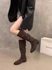 French Thick Heel Apricot Suede Piled Boots Women's 2025 New Autumn Versatile Thin Long Boots Do Not Drop the Tube