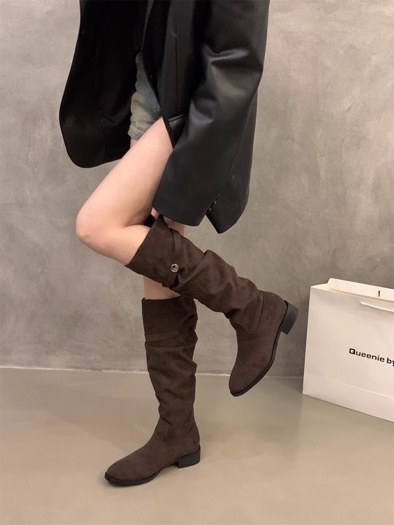 French Thick Heel Apricot Suede Piled Boots Women's 2025 New Autumn Versatile Thin Long Boots Do Not Drop the Tube