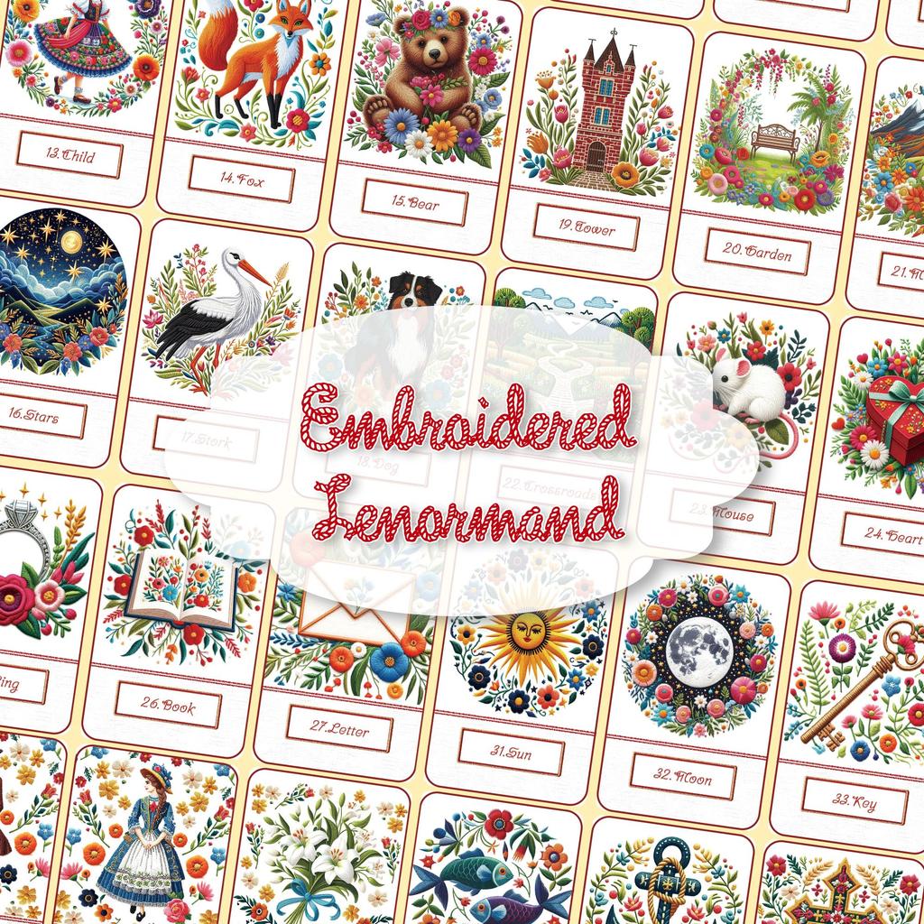 [Officially Imported, Limited Quantity] Embroidered Lenormand | Lenormand Cards, 36-Piece Set [Includes Drawstring Pouch] | 56 X 87mm Black Cardstock