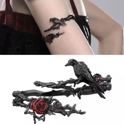 Темный Эстетический Ворон и Роза Регулируемый Браслет Панк Элегантная Металлическая Манжета для Модного Наслоения