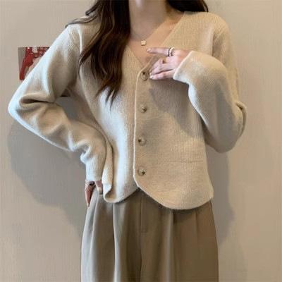 Autumn And Winter New Casual Korean Version Simple V-Neck Breasted Breathable Knitted Cardigan Long-Sleeved Top Women'S Coat
