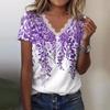 Women Casual Loose Shirts V Neck Short Sleeve Flower Print Lace Tops T-shirts Tee
