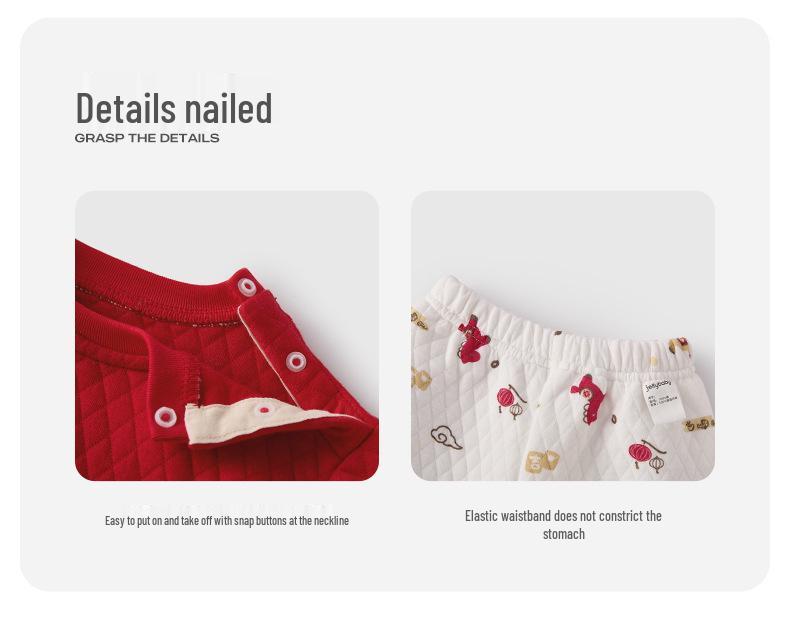 Antibacterial Quilted Children's Autumn/Winter Pajamas Set - Red Top & Pants for Boys and Girls