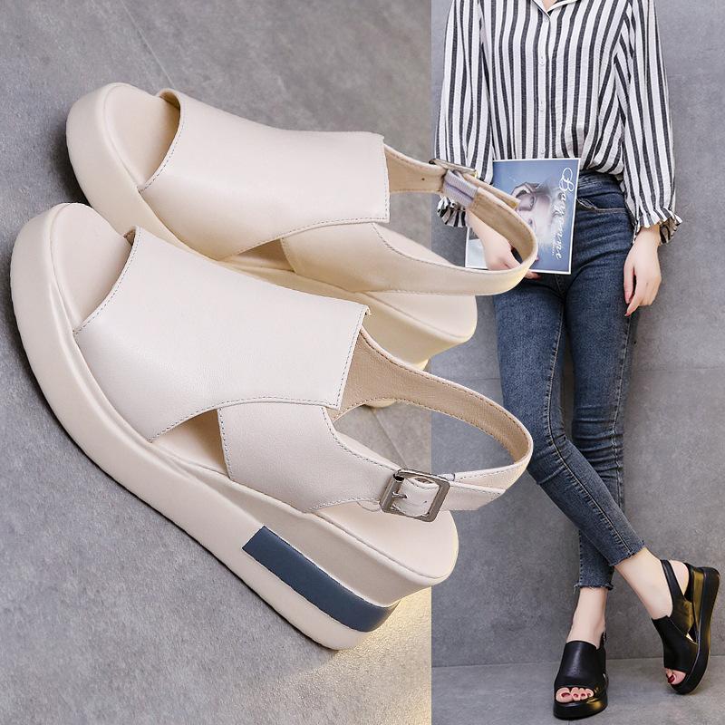 New Summer Thick-soled Wedge Heel Leather Sandals Women's Fashion Rear Empty Soft Leather Fish Mouth Shoes Heightening Muffin Shoes