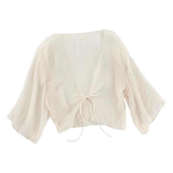 Women Sheer Chiffon Cardigan with Front-tie Transparent Loose Top Elegant Retro Style Shawl for Vacation Beach Daily Wear