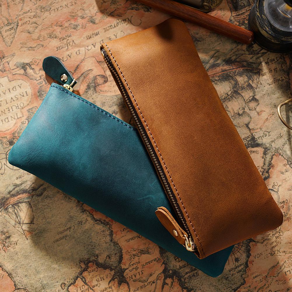 Unisex Genuine Leather Zipper Pencil Case - Handmade Retro Cowhide Stationery Box
