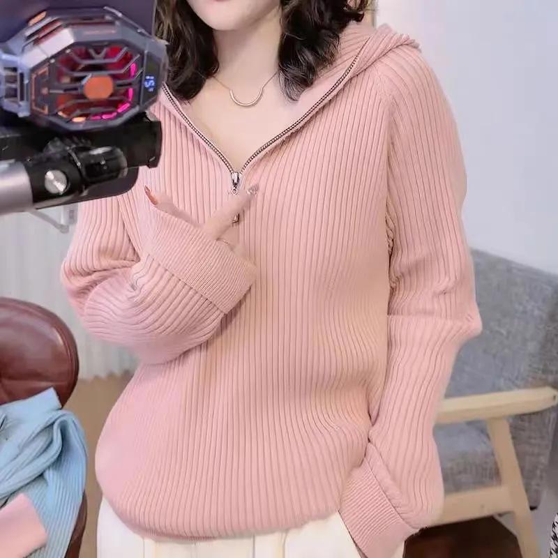 WTEMPO Женские однотонные свитера с длинным рукавом, свободные повседневные джемперы, уличная одежда, осень-зима, с капюшоном, полумолния, трикотажные пуловеры