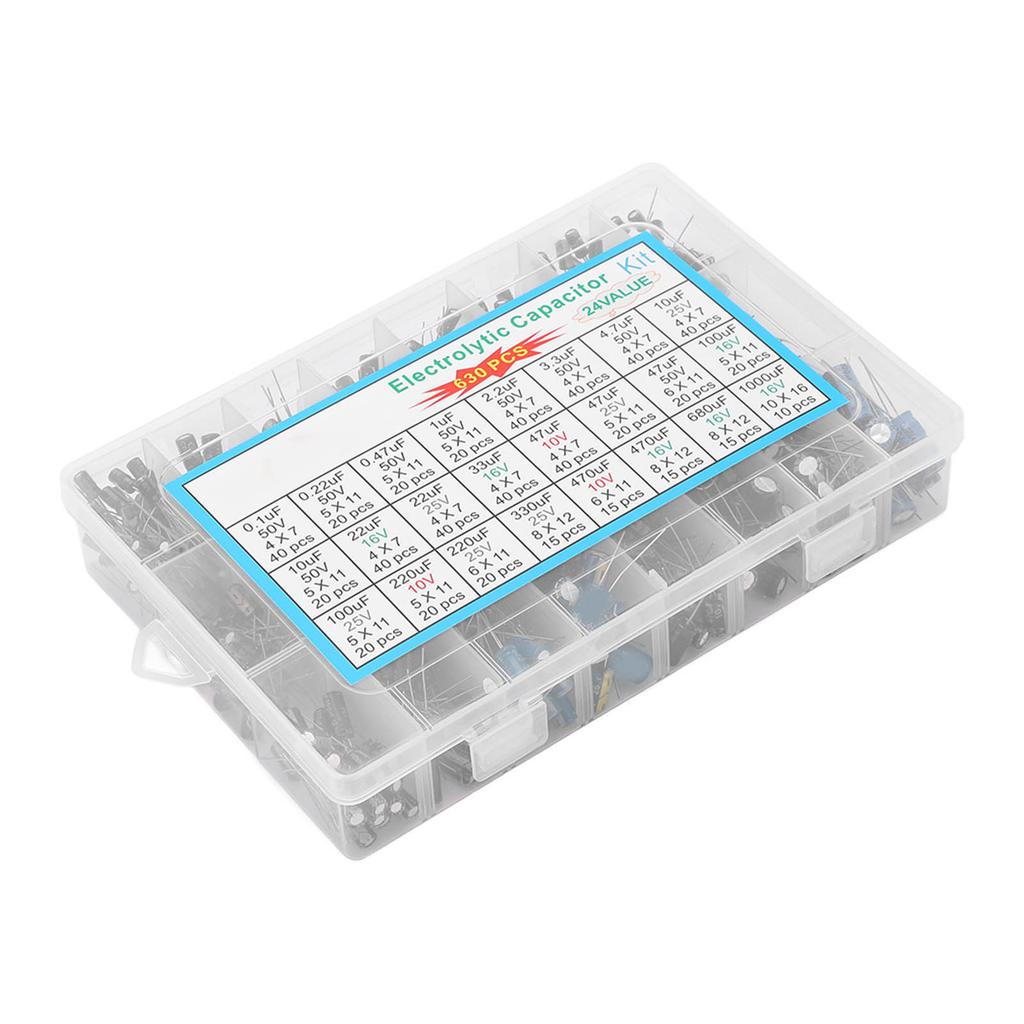 Набор алюминиевых электролитических конденсаторов, 630 шт., 24 номинала, 0,1 мкФ?1000 мкФ для DIY