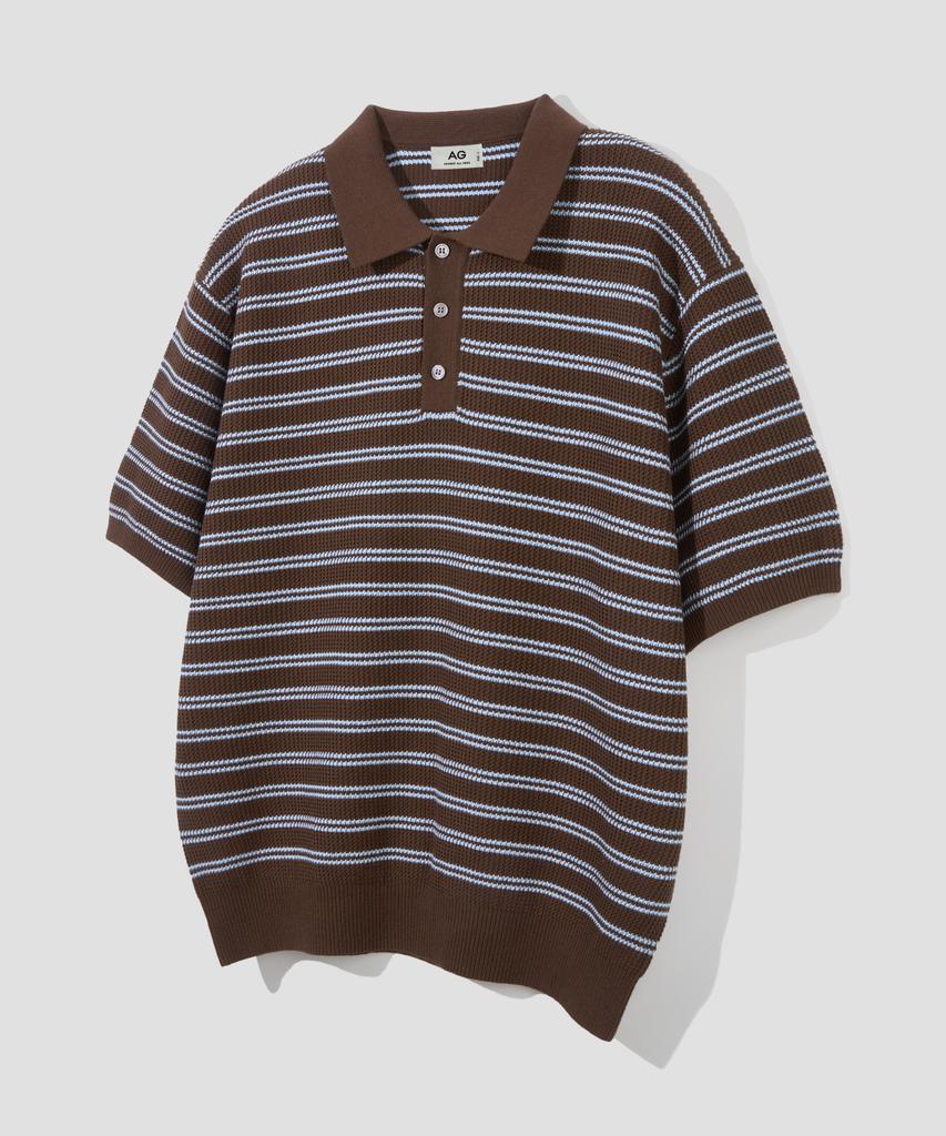 AGOD Collar Button Stripe Half Knit [Brown]