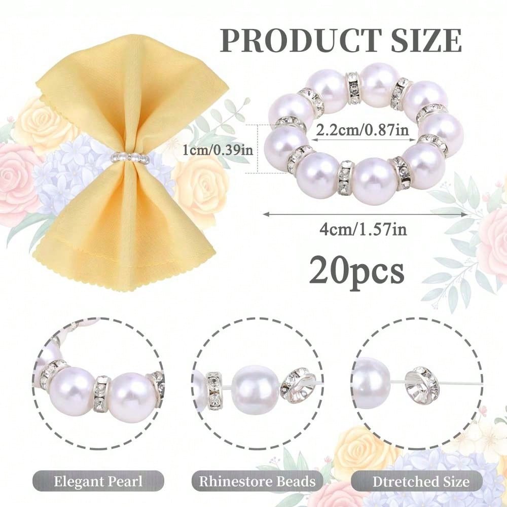 20pcs Pearl Napkin Rings Silver Holder Imitation Beaded White Elegant Rhinestone Serviette Rings Buckle for Wedding