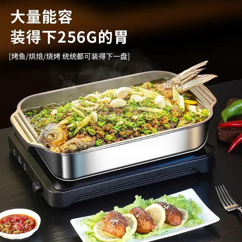 Поднос для рыбы и раков на гриле из нержавеющей стали 410 с крышкой, прямоугольная индукционная плита, глубокая тарелка для барбекю и говядины