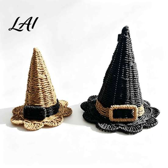 Autumn Spooky Table Centerpiece Handwoven Witch Hat Gothic Wizard Costume Headpiece for Halloween Handmade Accessory Party Tabletop Decor,