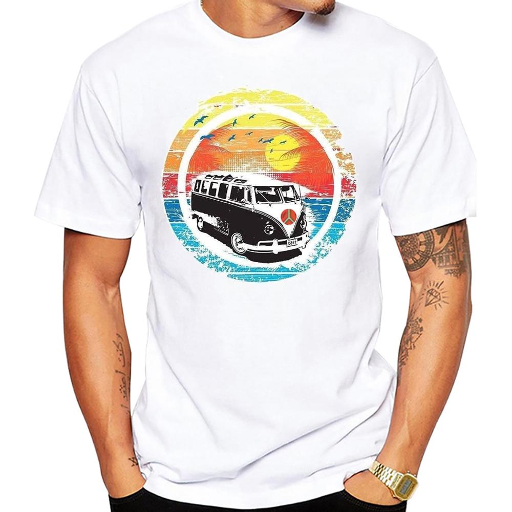Rotre Beach Scene Cars Tattoo Men T Shirt Vintage Beach Bus Surf Sport Cloth Retro Surfing Board Tops Hipster Boy Tees