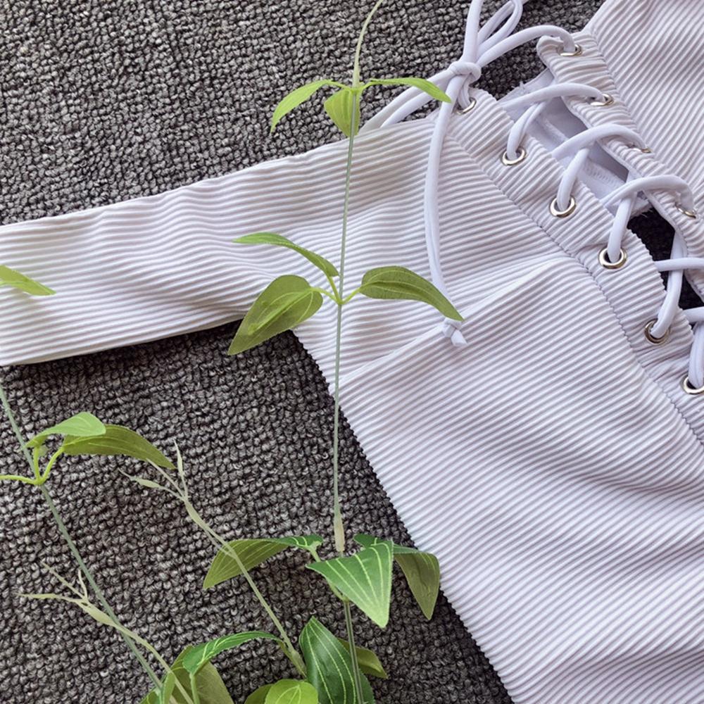 Белый цельный купальник в рубчик с открытыми плечами, женский купальник на шнуровке, женский купальный костюм с вырезом сзади, монокини для плавания