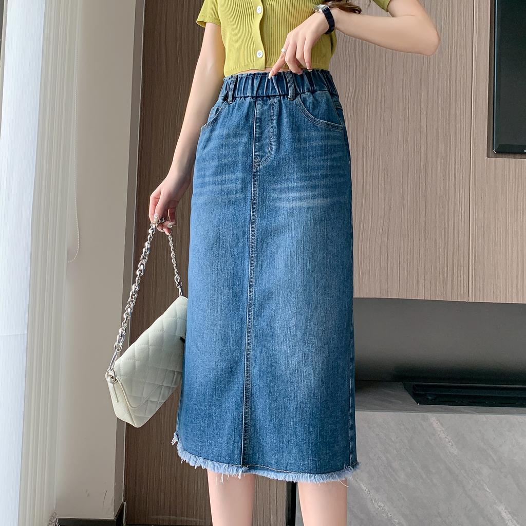 DIMANAF Новые 2025 Большие размеры Весенние Эластичные Джинсовые Юбки Женские Свободные А-силуэта Юбка Высокая талия Винтажные Макси