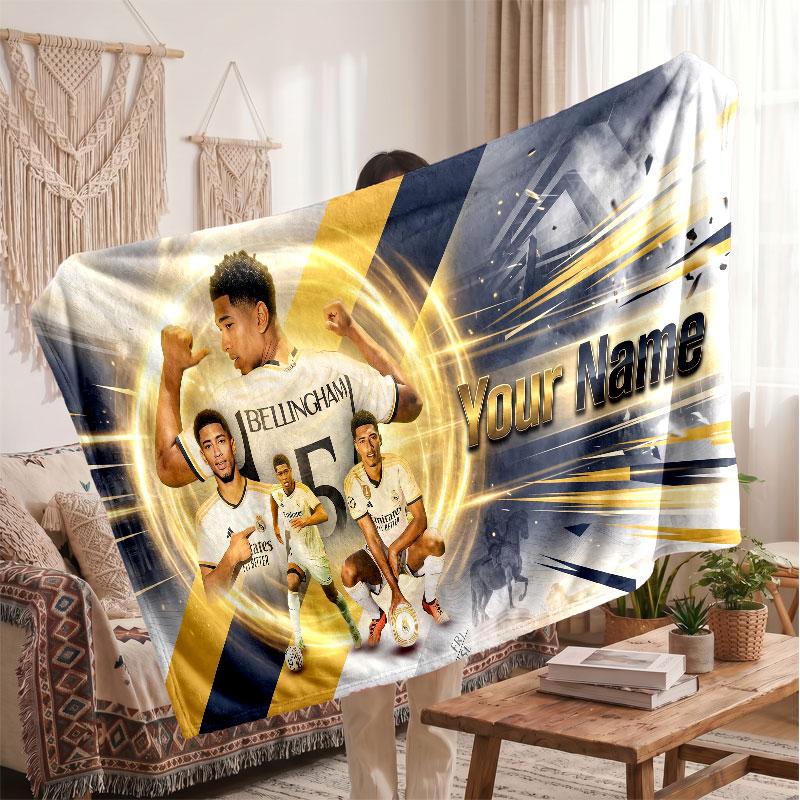 Jude Bellingham Personalized Fleece Blanket With Football Logo, Custom Name Text Soft Warm Home Throw Blanket