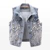 Spring Korean Lace Beaded Denim Vest Women's Short Sleeveless Vest Jacket Top Waistcoat Trend Plus Size
