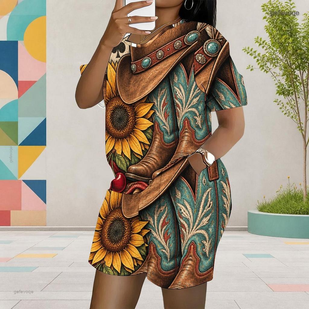 Women Plus Size Round Neck Short Sleeve Printed Top Pocket Shorts Two Piece Set