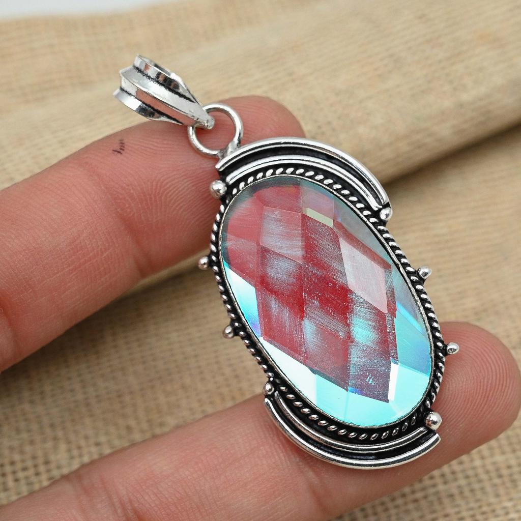 Граненый Mistic Topaz Gemstone 925 Solid Silver Jewelry Изысканная подвеска Handmade Gift