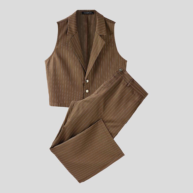 INCERUN Мужской комплект из двух предметов: безрукавный полосатый укороченный жилет и длинные прямые брюки.