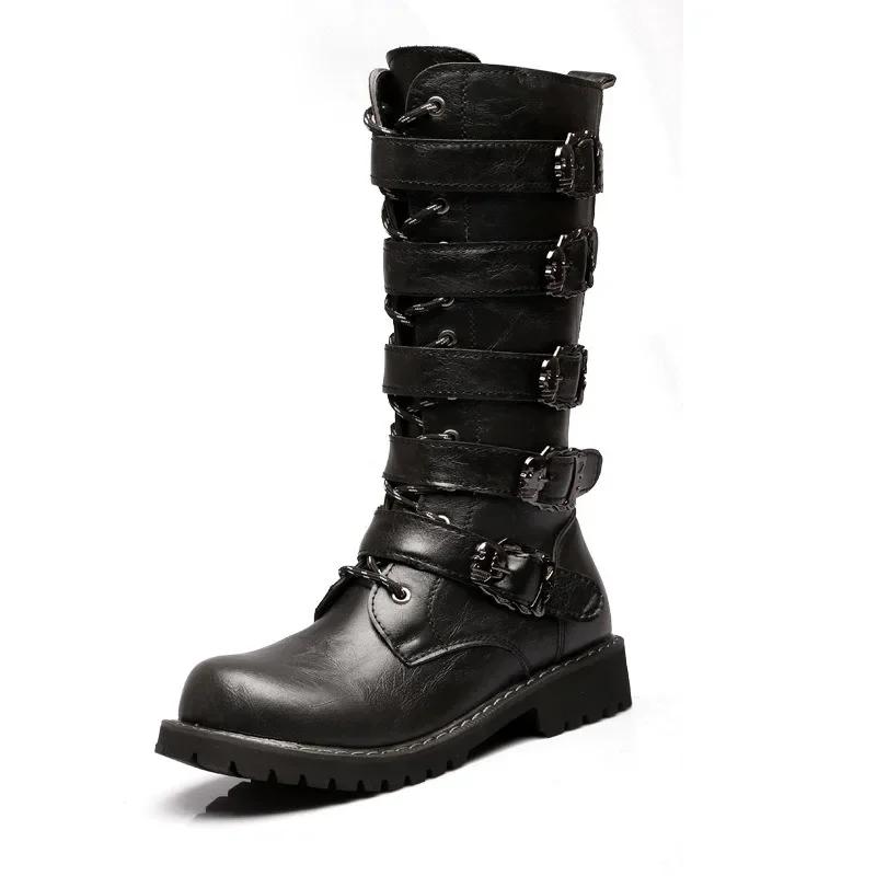 Winter Men Motorcycle Boots Fashion Mid-Calf Punk Rock Punk Shoes Mens PU Leather Black High Top Casual Boot Man