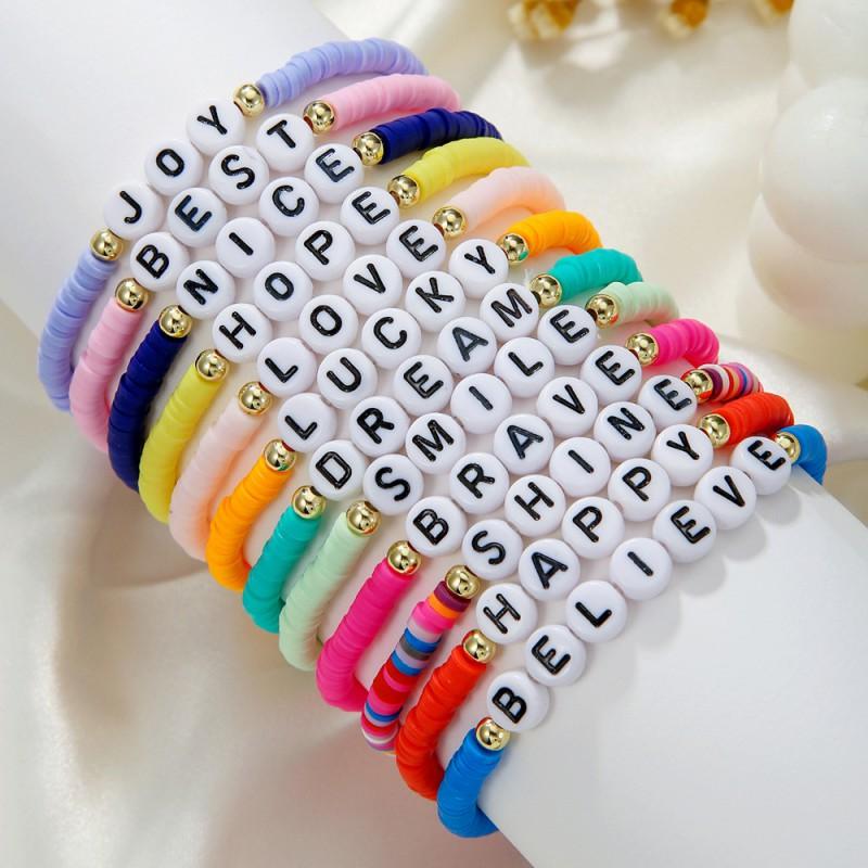 Handmade Polymer Clay Letter Bead Bracelet Set Dopamine Color Palette Inspirational Typography Stackable Unisex Jewelry