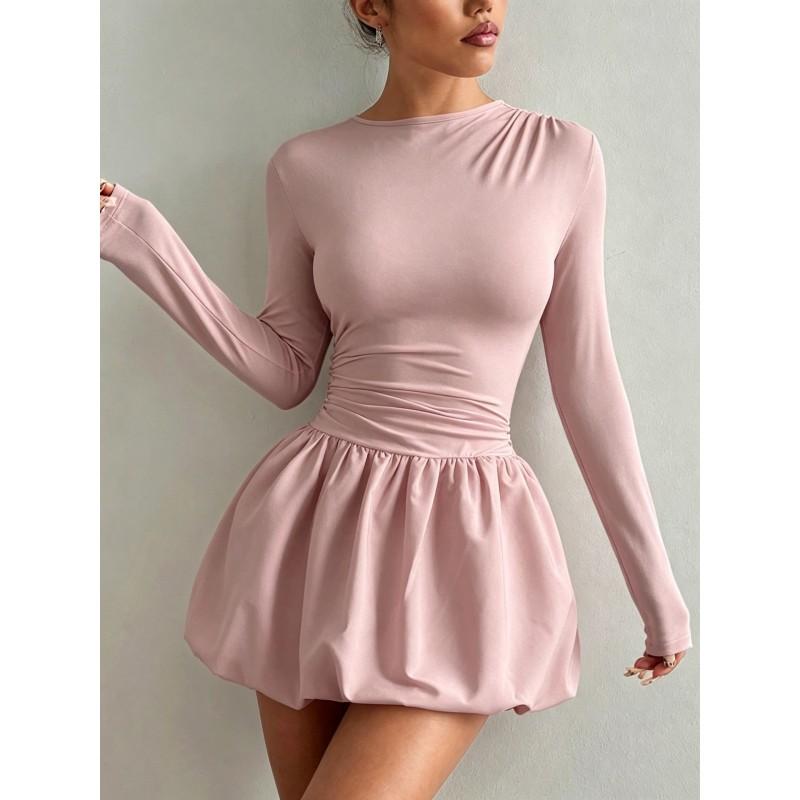 2026 Womens Slim Fit Long Sleeve Midi Dress With Elastic Puff Skirt Round Neck Stretch Milk Silk Fabric