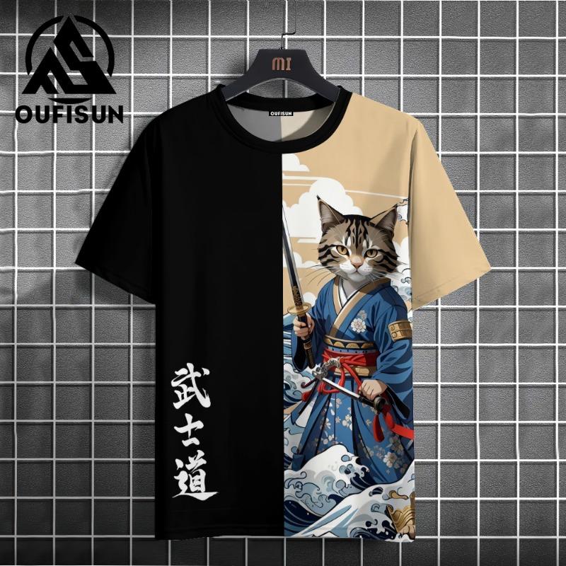 Men's T-Shirt Cartoon Cat Graphic Japanese Samurai Print Casual Pullover For Men Top Loose Short Sleeve Tees Men's Clothing Tops