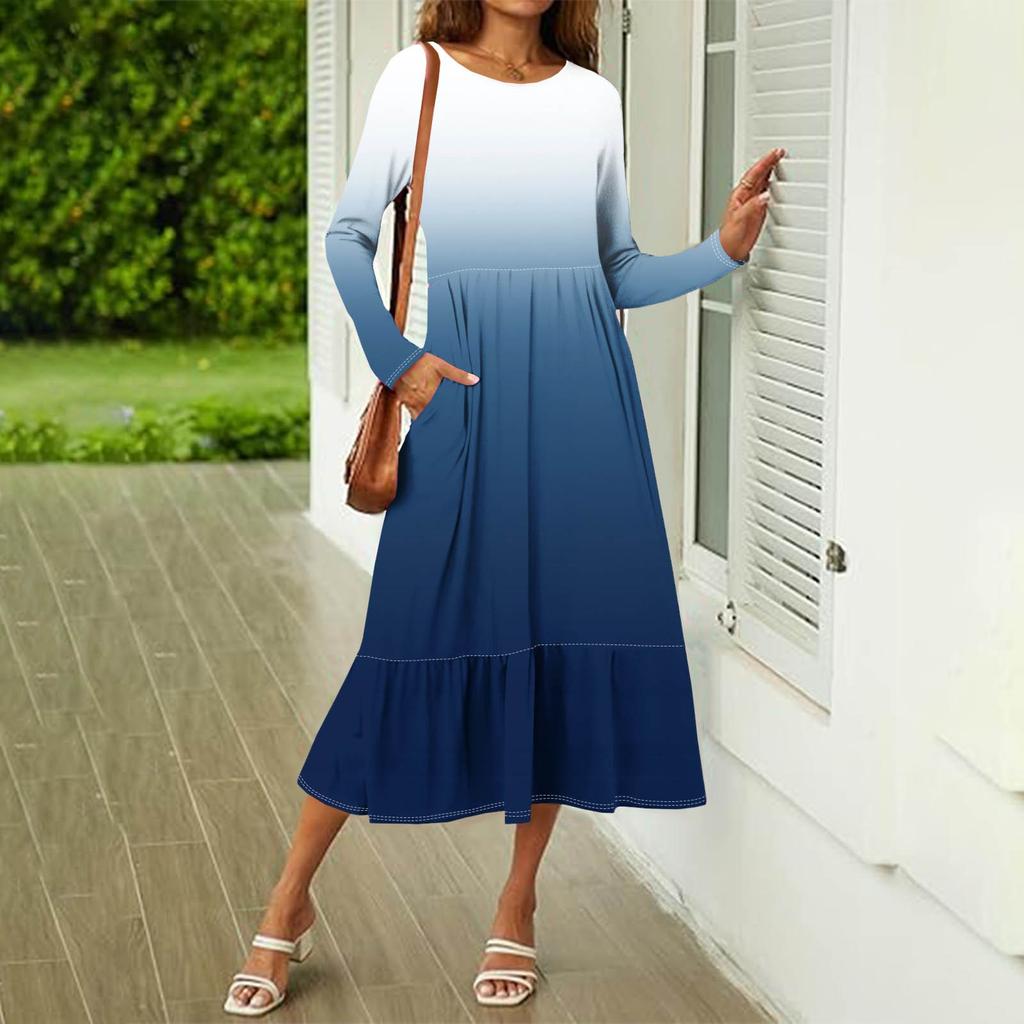 Women's Gradient Sequins Printed Casual Dress Spring Autumn Pocket Round Neck Long Sleeve Dresses