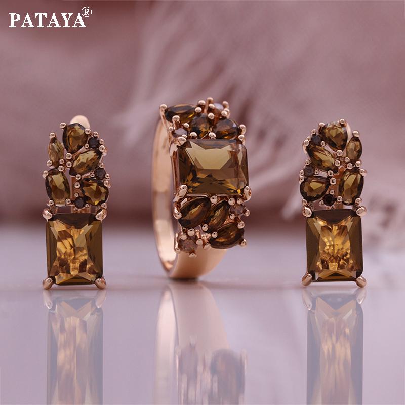 PATAYA Rose Gold Color Inlaid Camel-hued Color Artificial Zircon Earring Ring Combo Set
