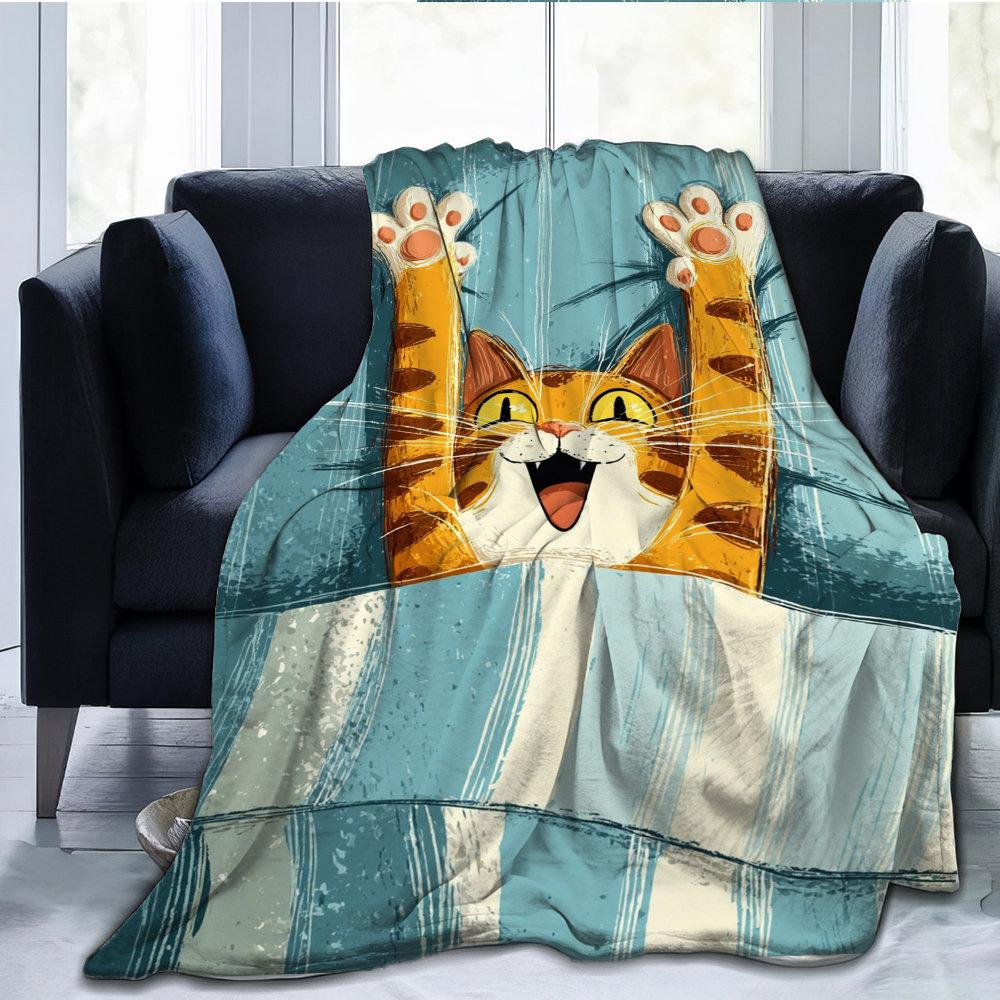 happy cat is stretching on the bed Flannel printed blanket suitable for all seasons suitable for living room office sofa travel