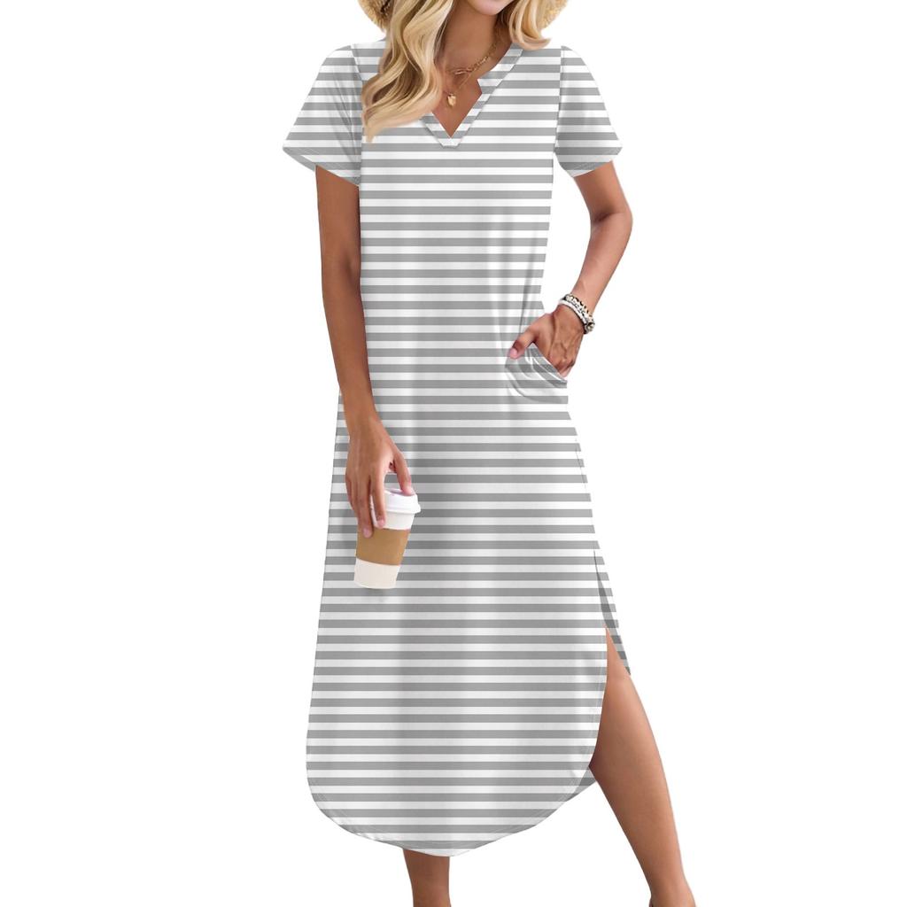 Женское длинное платье-рубашка с V-образным вырезом, повседневное, с коротким рукавом и свободным разрезом