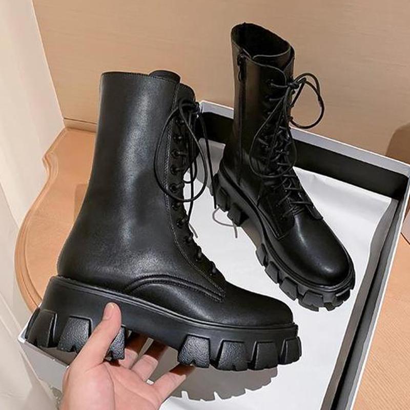 Мода Новые женские сапоги средней длины на платформе 2025 зимняя мода ботильоны на шнуровке плоские спортивные каблуки челси снежные ботинки женская обувь